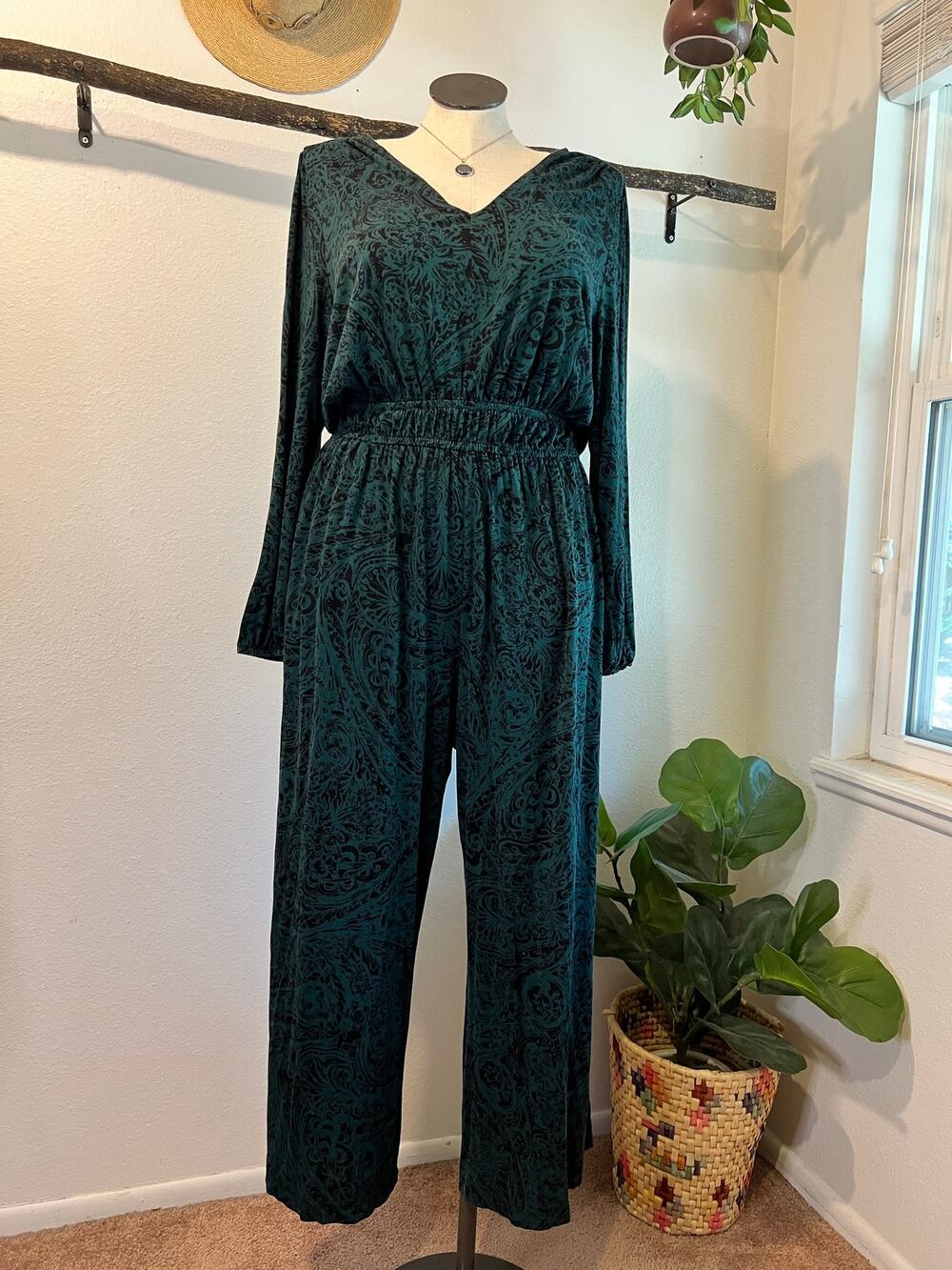 Lane Bryant Teal Green Printed Long Sleeve Cropped Wide Leg Jumpsuit Size 18/20